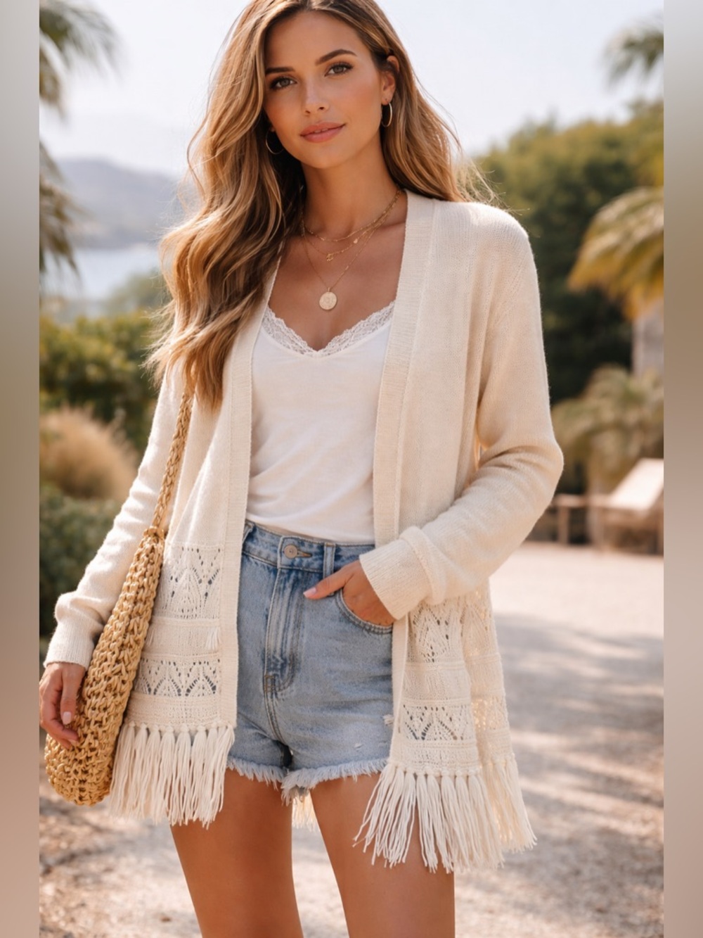 Nanette Lepore Alpaca Fringe Cardigan Boho Cream Cozy Knit Small